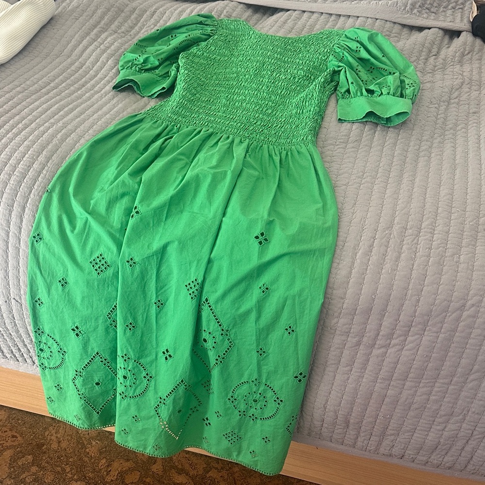 Ganni Kelly Green Midi Dress with Puff Sleeves